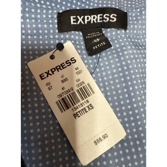 NEW Express Blue White Polka Dots Long Sleeve V Neck Shirt Blouse Top Size XS - Picture 3 of 4